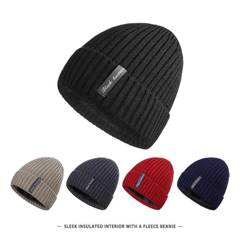 Men's black fleece-lined thick knit winter beanie
