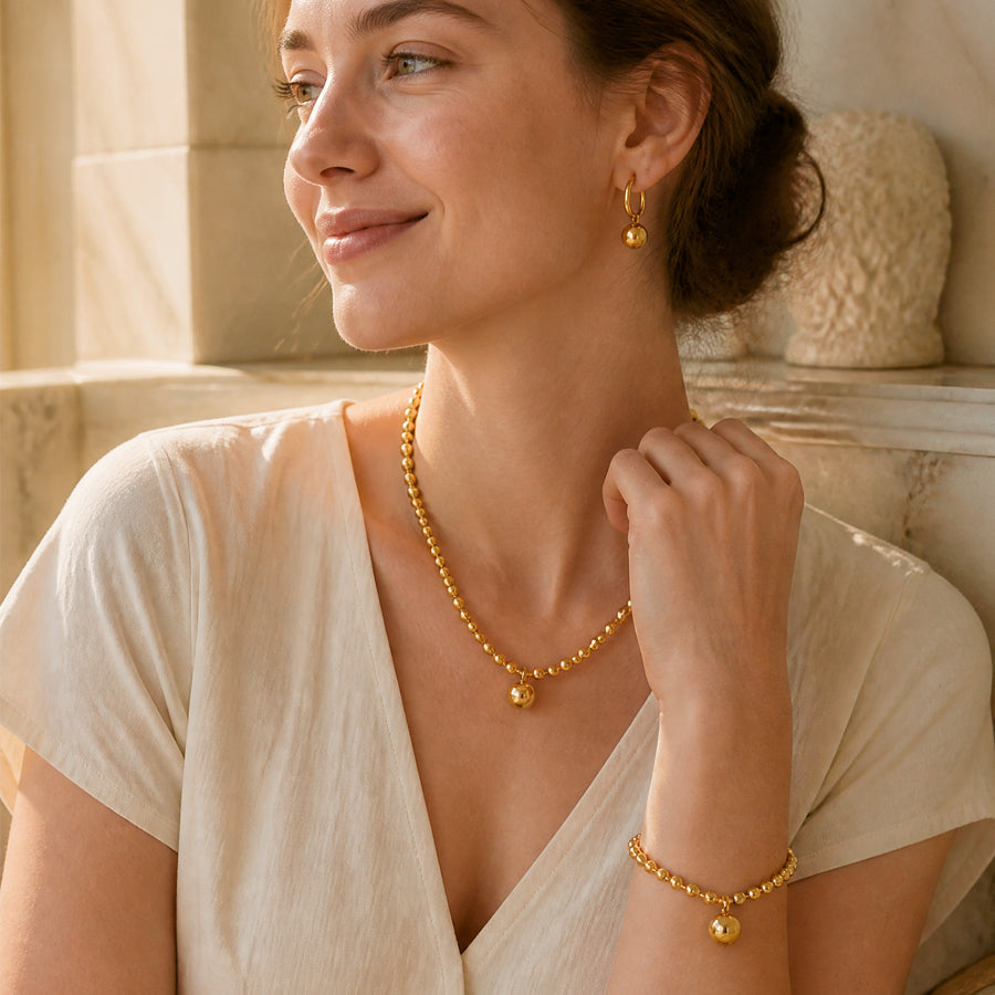 Gold ball bead necklace bracelet and earring set