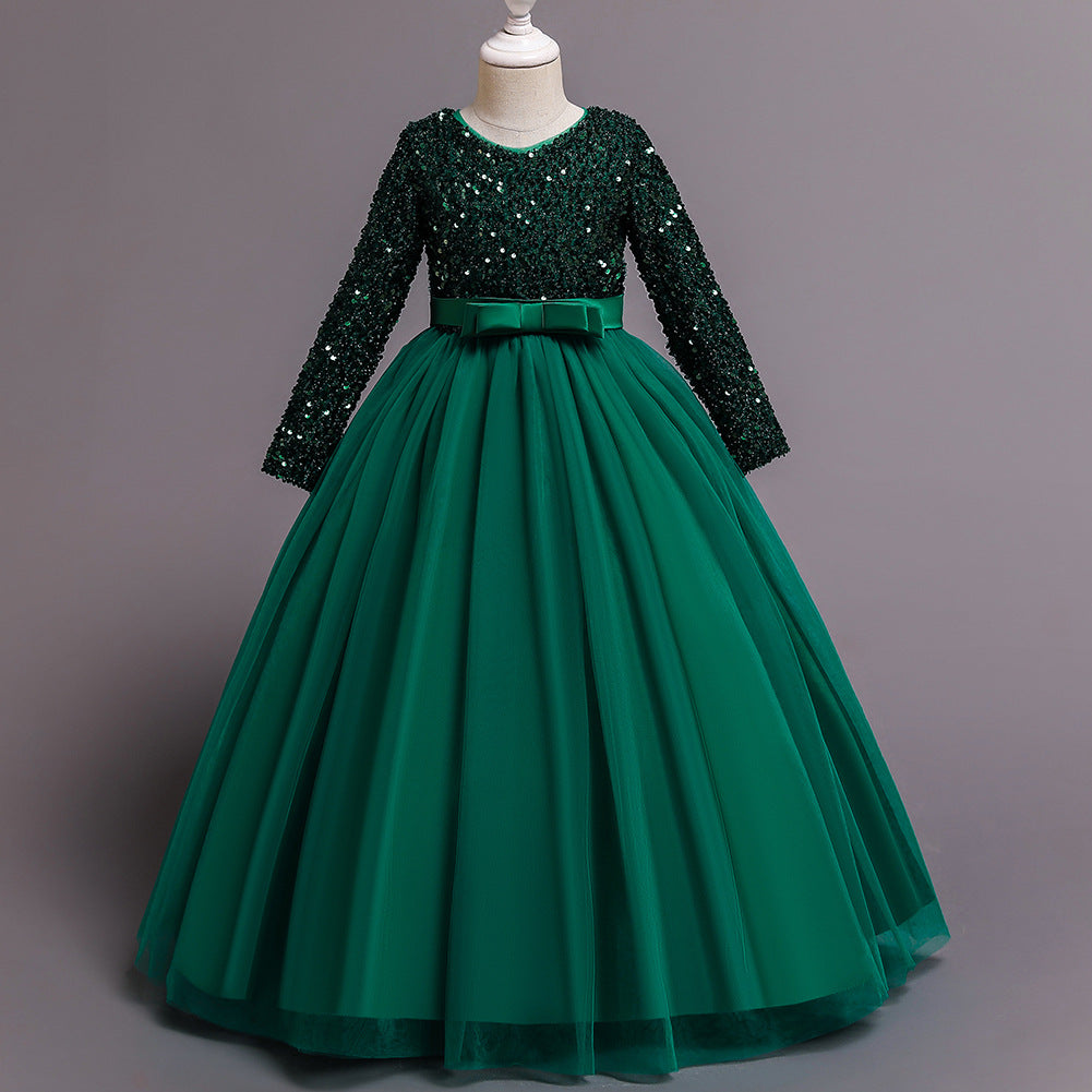 Green girls' sequin long sleeve party dress