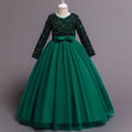 Green girls' sequin long sleeve party dress