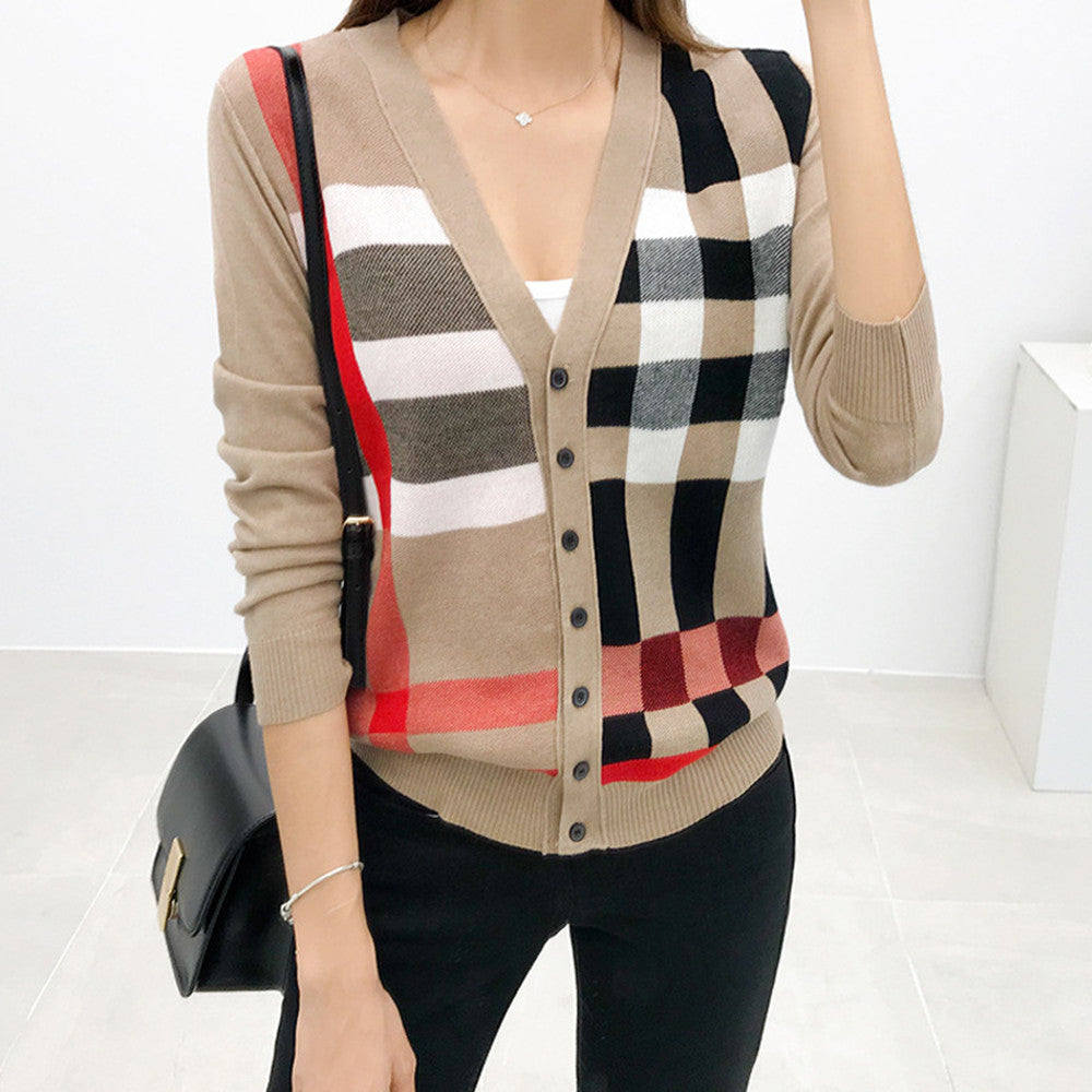 Women's Plaid V-Neck Knit Cardigan - view 2