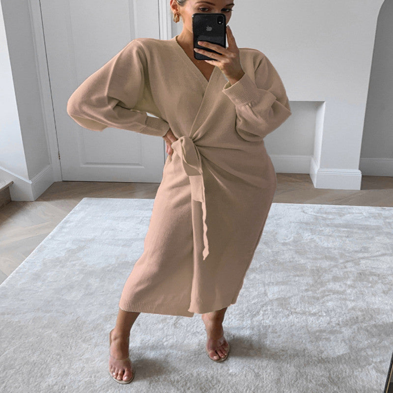 Women's V-Neck Wrap Sweater Dress - view 9