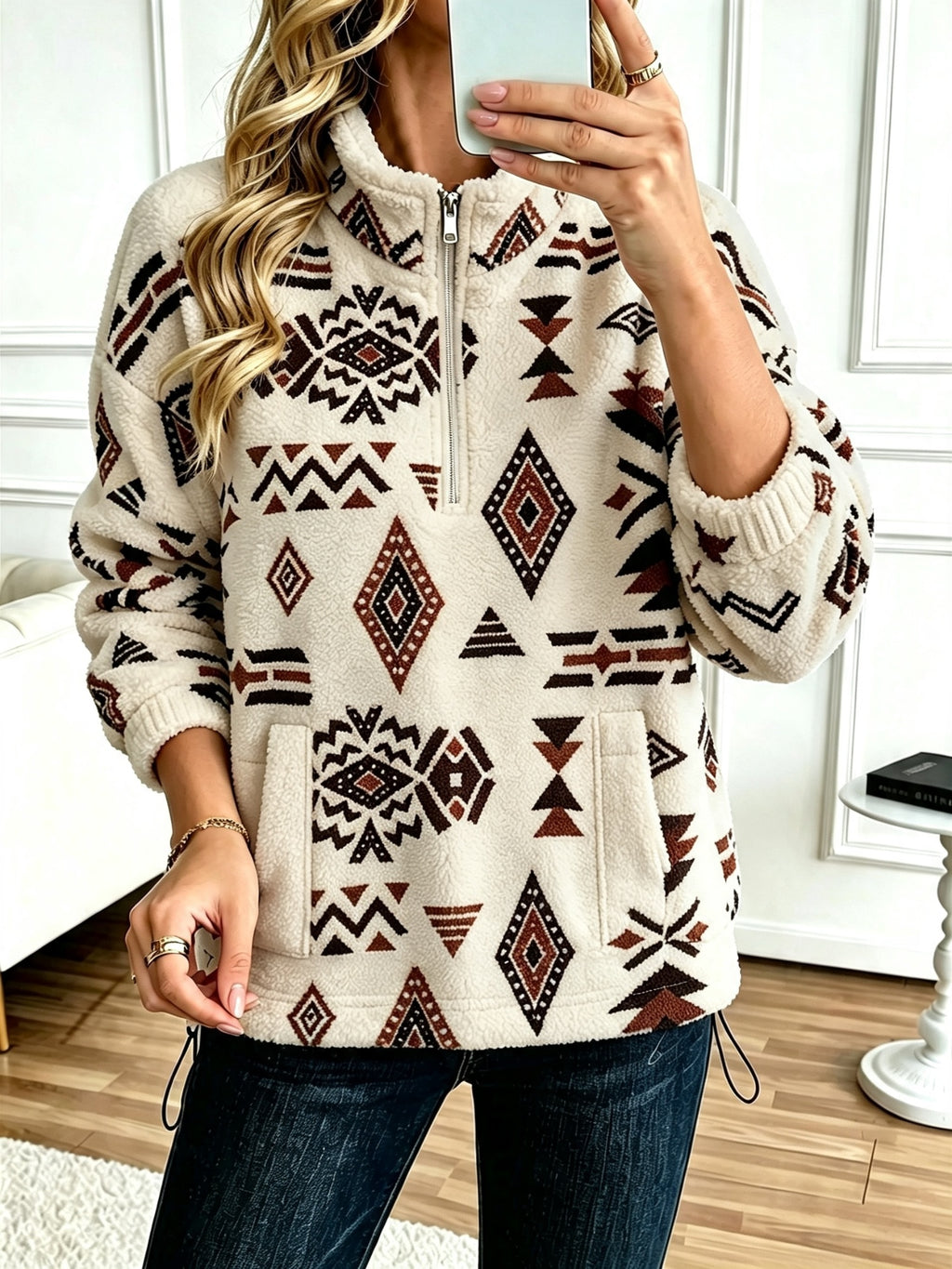 Women's Aztec Print Sherpa Half-Zip Pullover