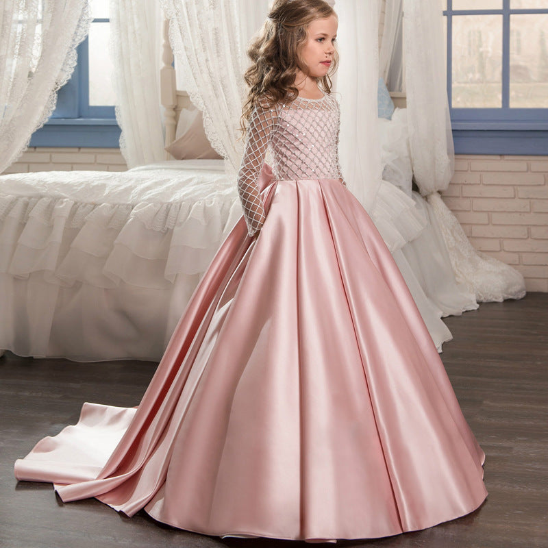 Girls' Mesh-Sleeve Formal Gown with Train