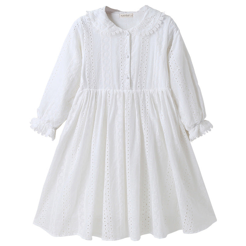 Girls' White Cotton Dress with Peter Pan Collar - view 5
