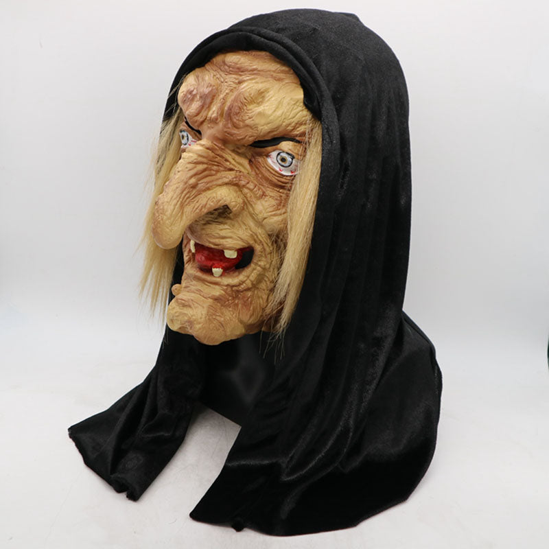 Scary witch Halloween mask with black hood – view 3
