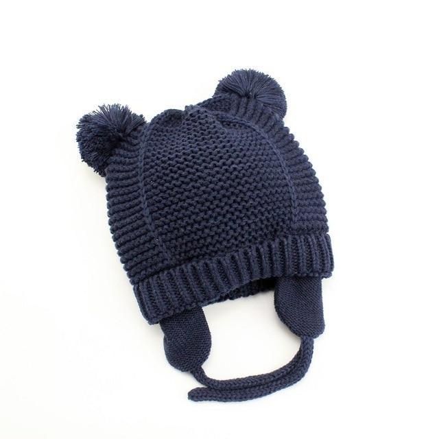Navy blue kids double pom pom knit toque with ear flaps