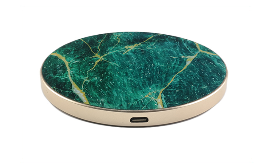 Green marble-look wireless charging pad with gold rim