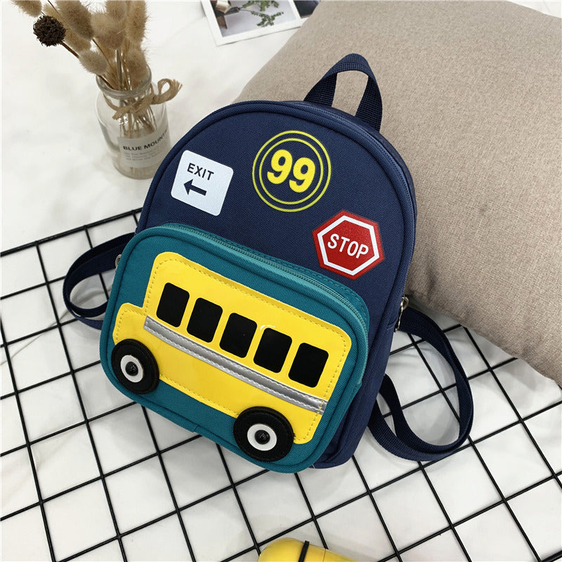 Blue preschool bus backpack with padded straps
