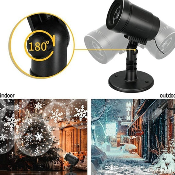 Outdoor snowflake LED projection lamp lighting a house wall at night