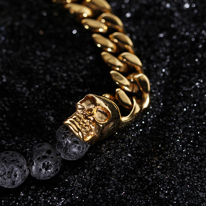 Lava stone bracelet worn on a wrist beside a watch