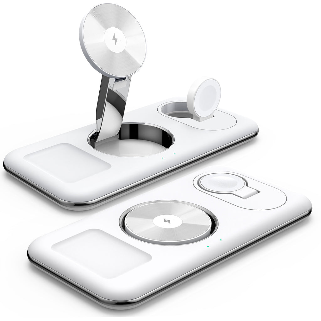 White 3-in-1 foldable magnetic wireless charging stand unfolded and folded