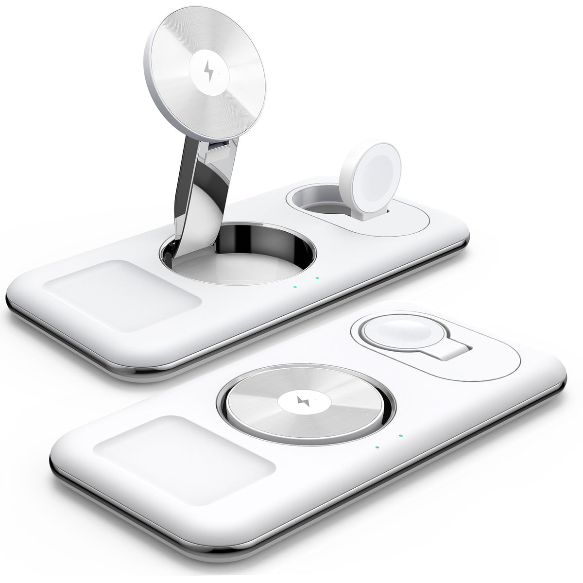 White 3-in-1 foldable magnetic wireless charging stand unfolded and folded