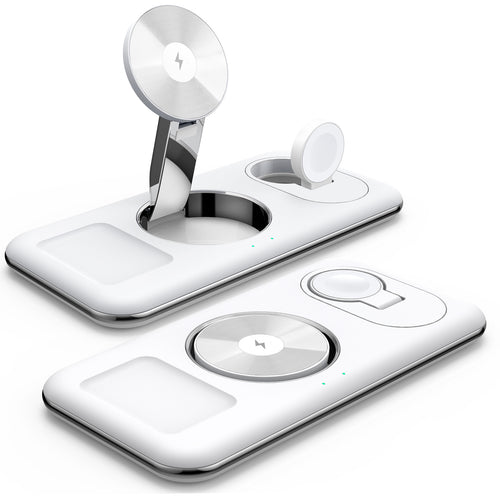 White 3-in-1 foldable magnetic wireless charging stand unfolded and folded