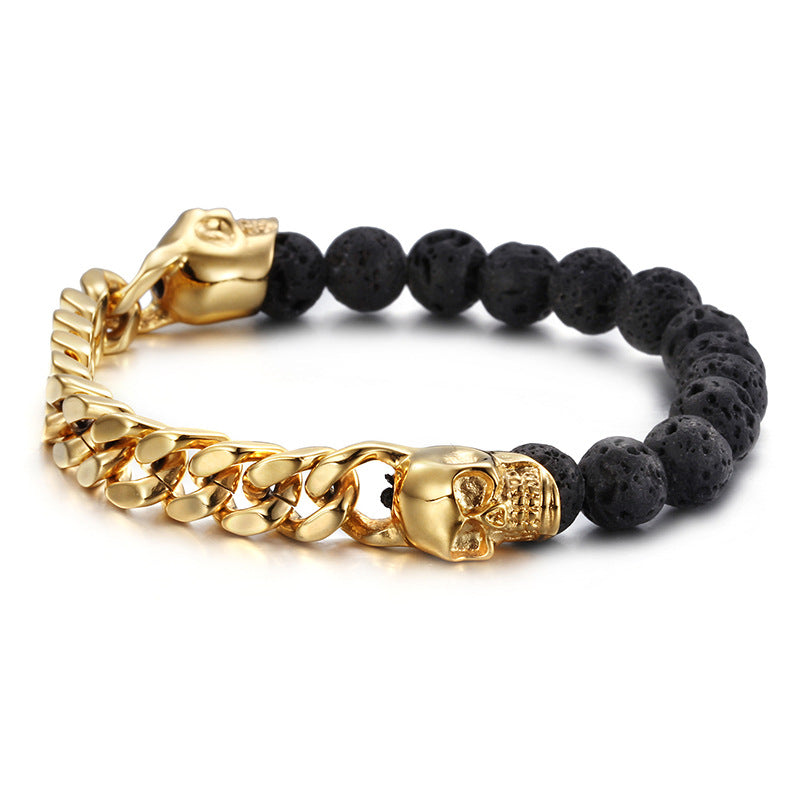 Lava stone beaded bracelet with gold-tone curb chain