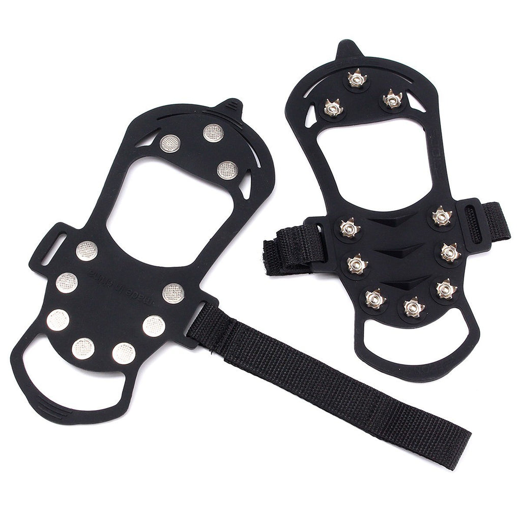 Pair of black ice cleats with hook-and-loop top strap