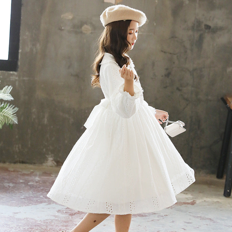 Girls' White Cotton Dress with Peter Pan Collar - view 3