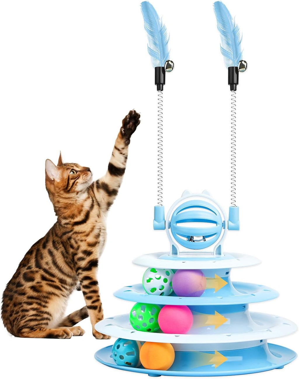 Blue 4-level cat track tower toy with a cat