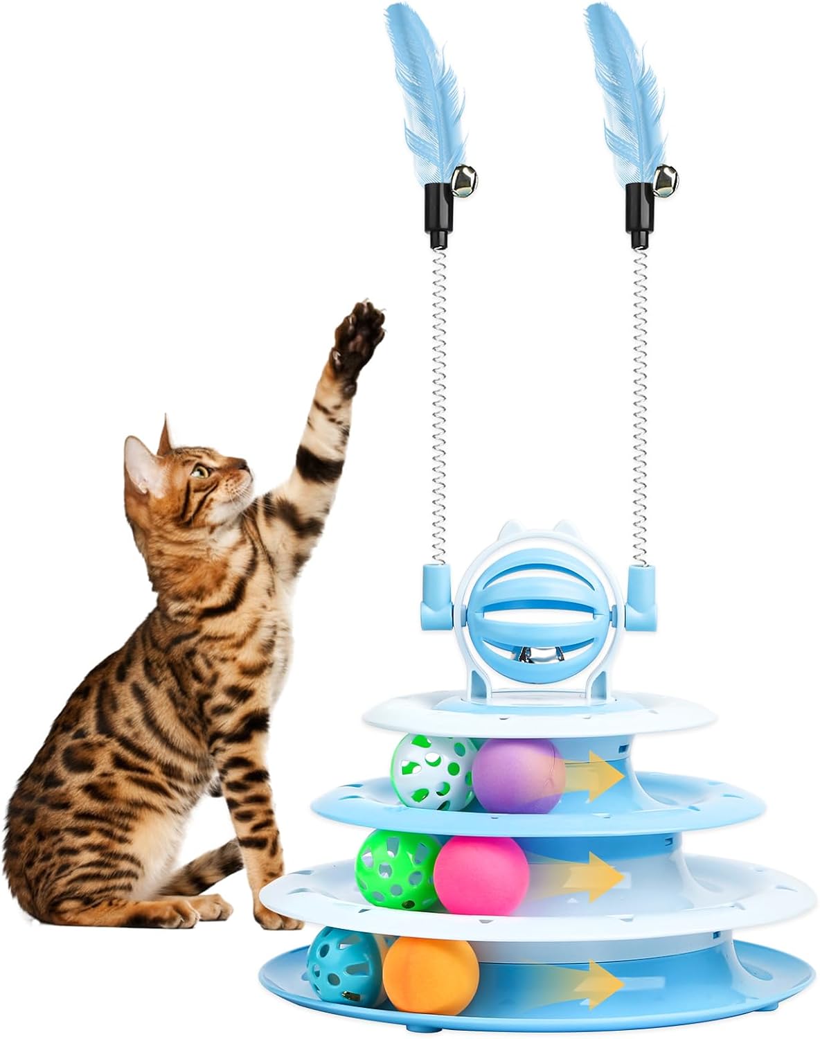 Blue 4-level cat track tower toy with a cat