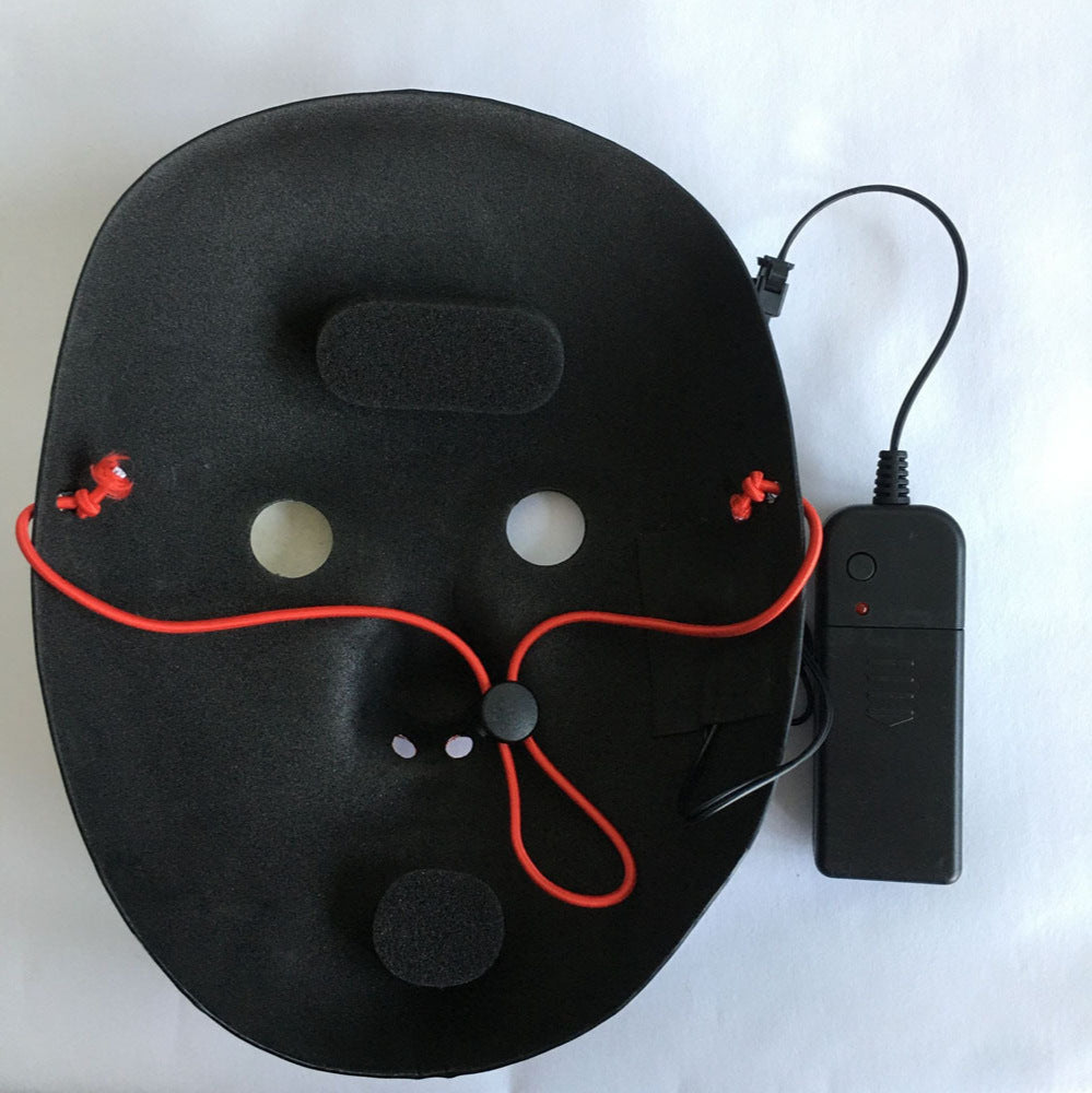 Back of LED skull mask showing adjustable strap, EL wire and 3V battery pack