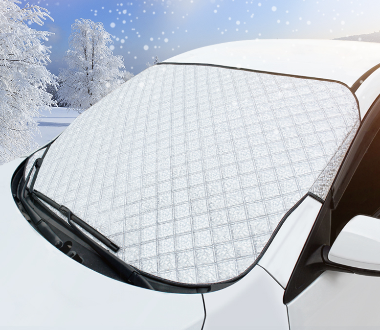 Windshield snow cover in use on a snowy day