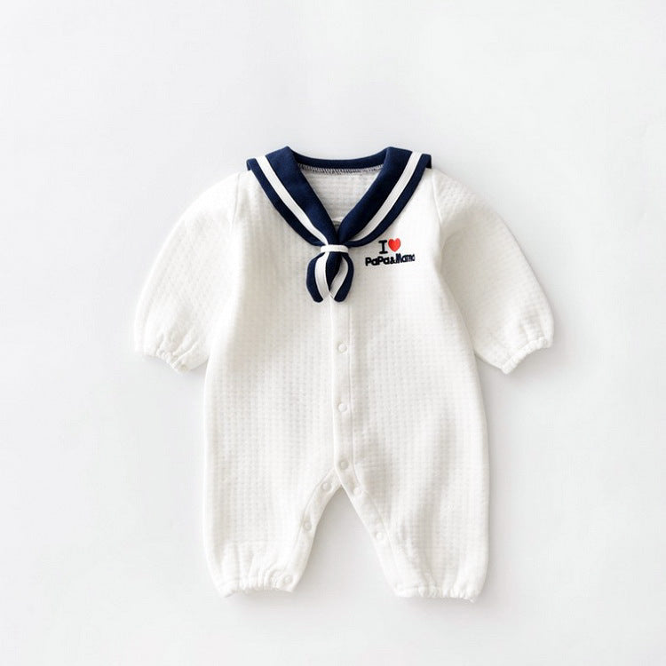 White baby romper with navy sailor collar, thick air cotton style