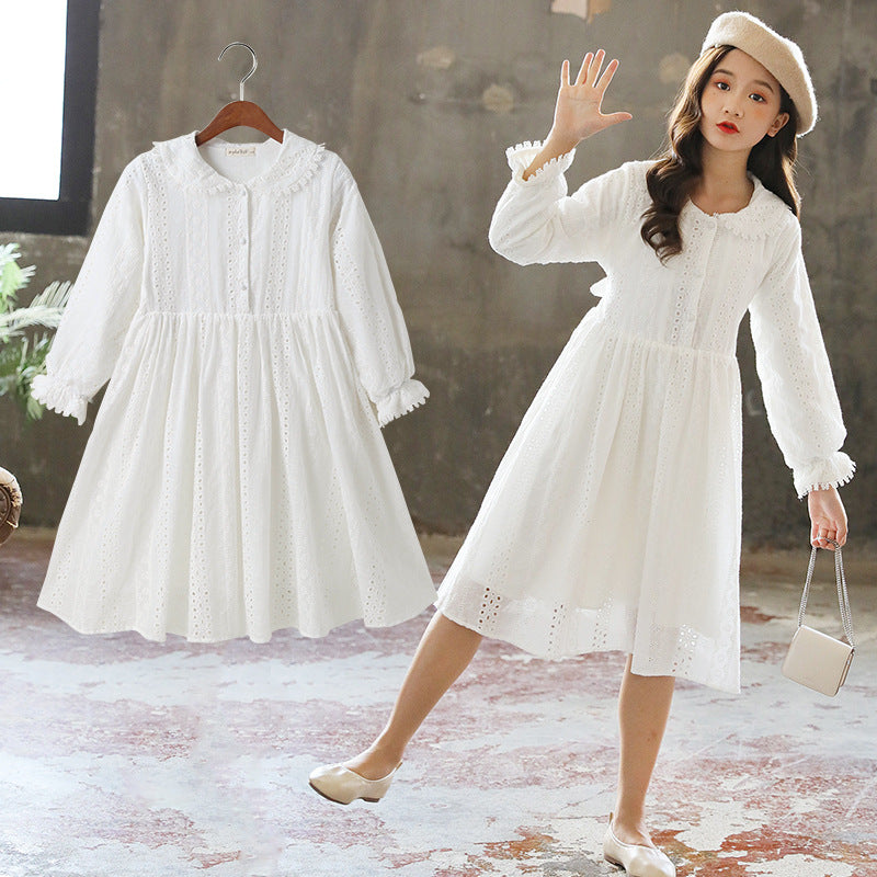 Girls' White Cotton Dress with Peter Pan Collar