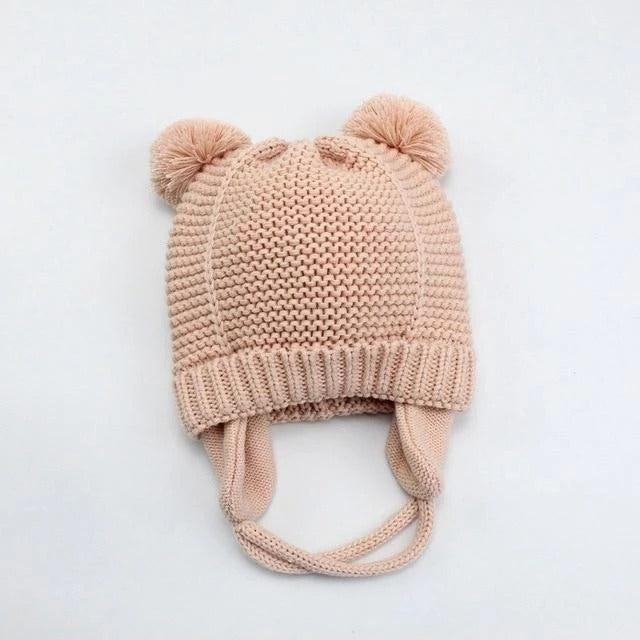 Pink kids double pom pom knit beanie with ear flaps