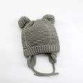 Grey kids double pom pom winter beanie with ear flaps and ties