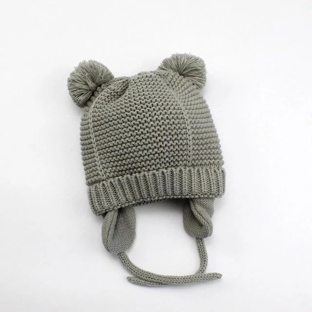 Grey kids double pom pom winter beanie with ear flaps and ties
