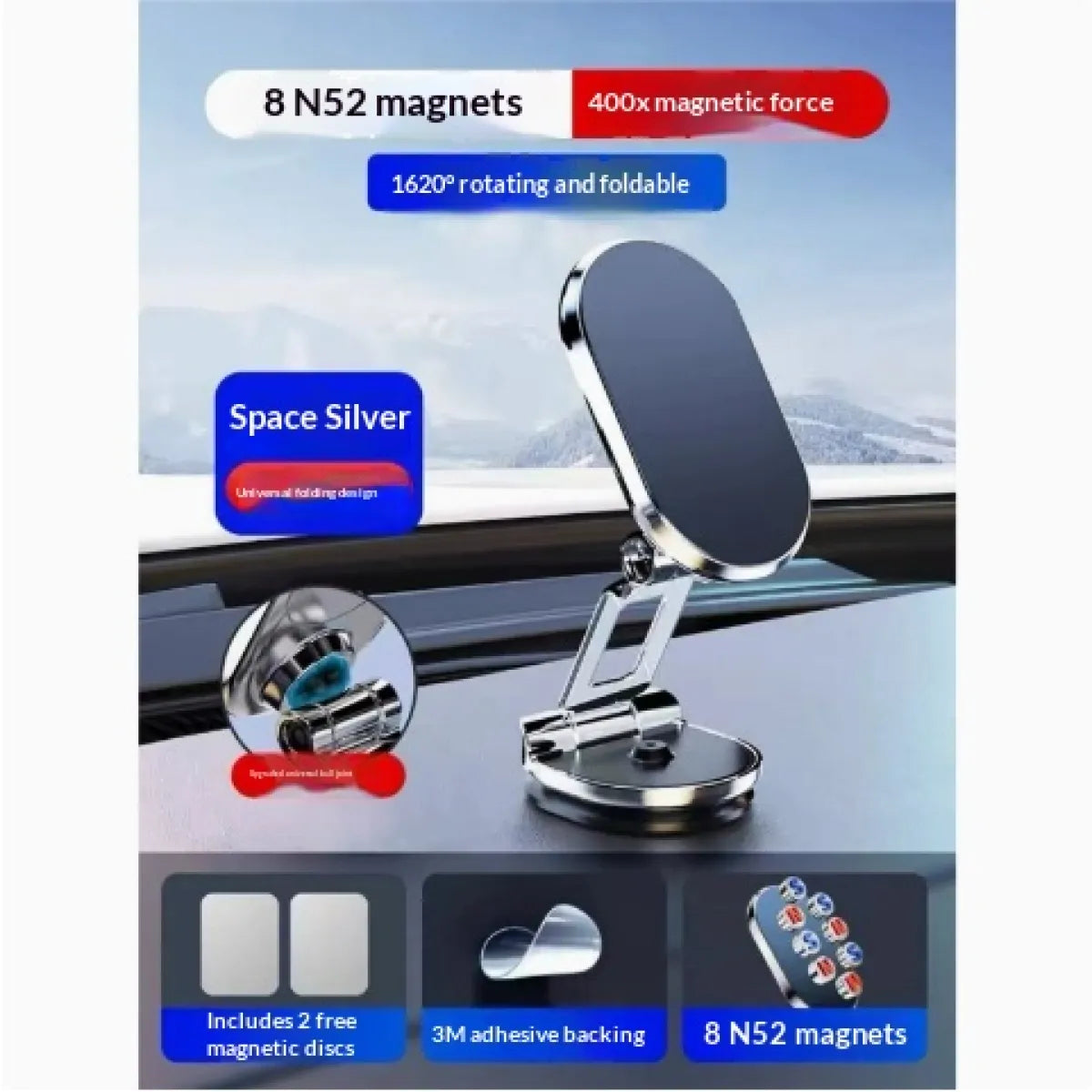 Magnetic foldable air vent car phone mount in black metal