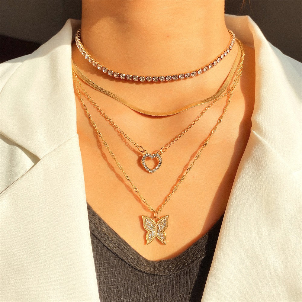Double-layer rhinestone heart and butterfly necklace