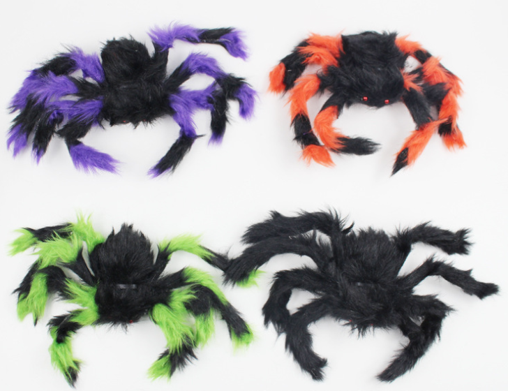 Black Halloween spider web decoration with plush hairy spider