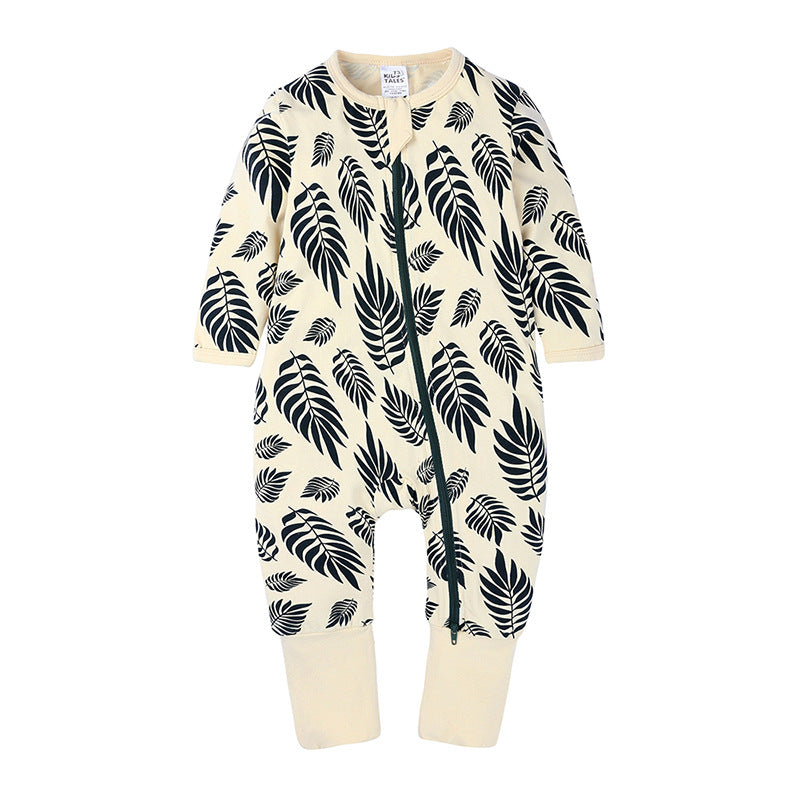 Cream leaf print zip-up baby romper