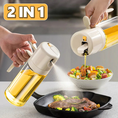 2-in-1 oil sprayer bottle standing on a counter