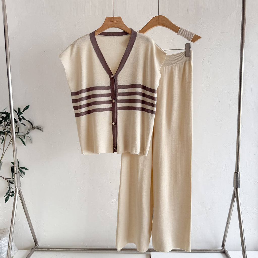 Women's Striped Knit Vest & Wide-Leg Pants Set