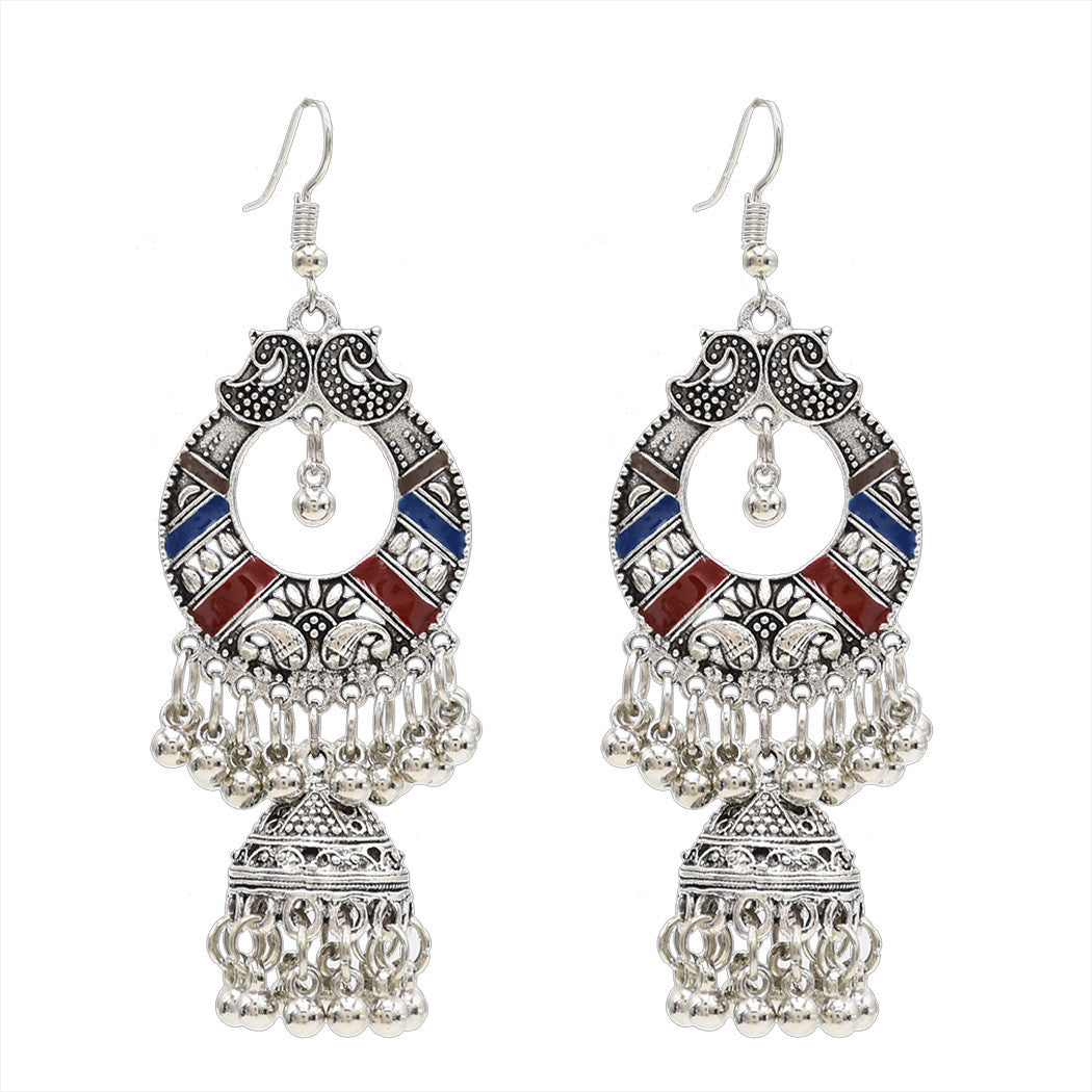 Oxidized jhumka earrings shown from the side