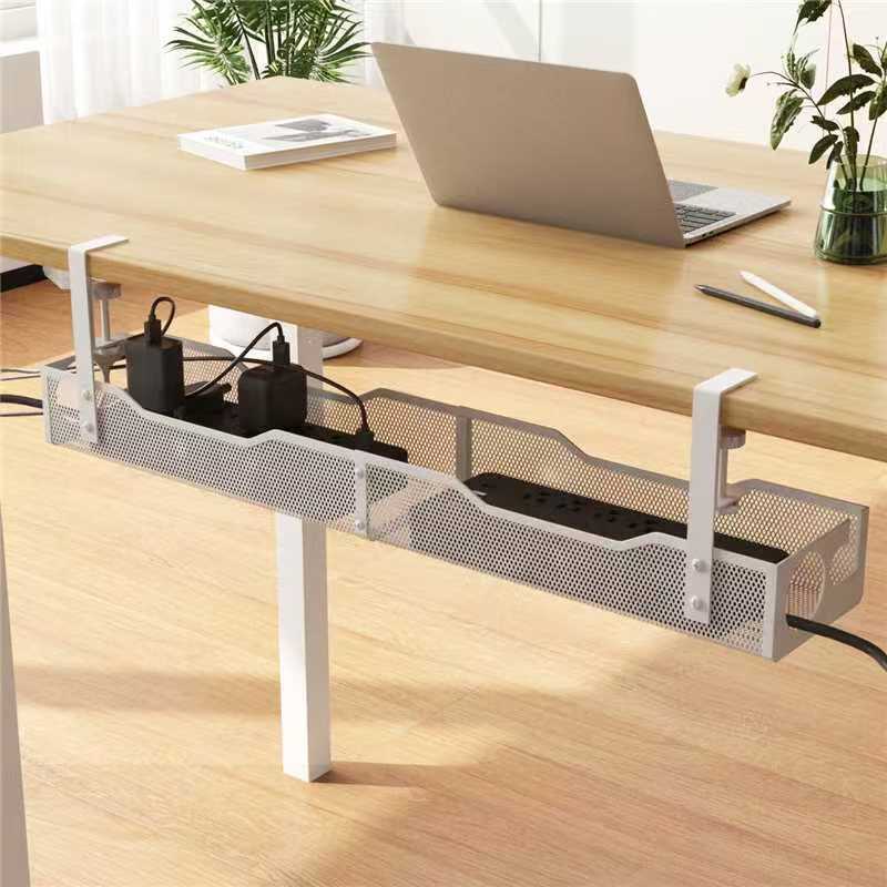 Extended steel cable tray holding a power strip