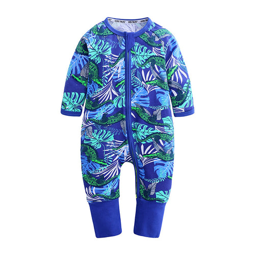 Blue leaf print zip-up baby romper