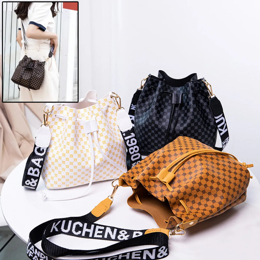 Women's beige PU bucket crossbody bag with adjustable strap