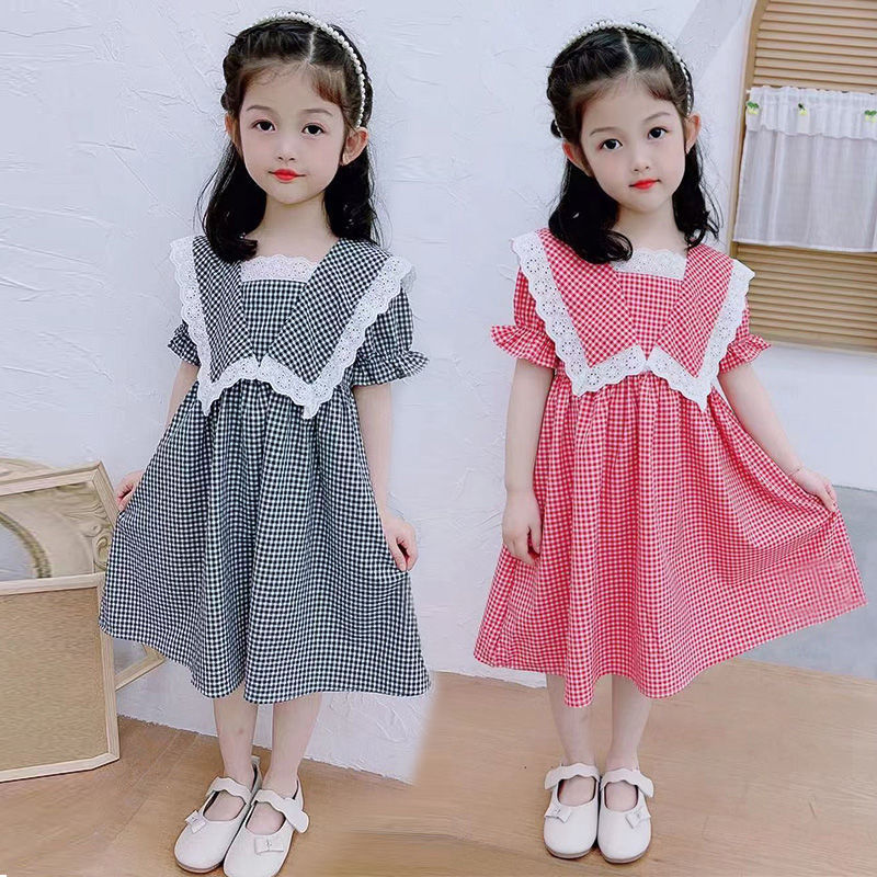 Girls' Cotton Gingham Dress with Lace Collar
