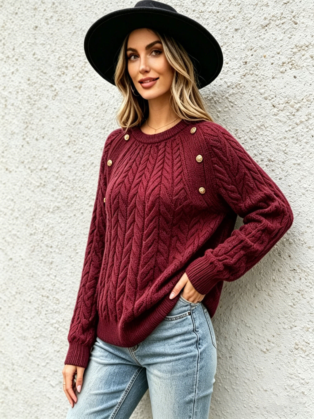 Women's Cable Knit Button-Shoulder Sweater - view 3