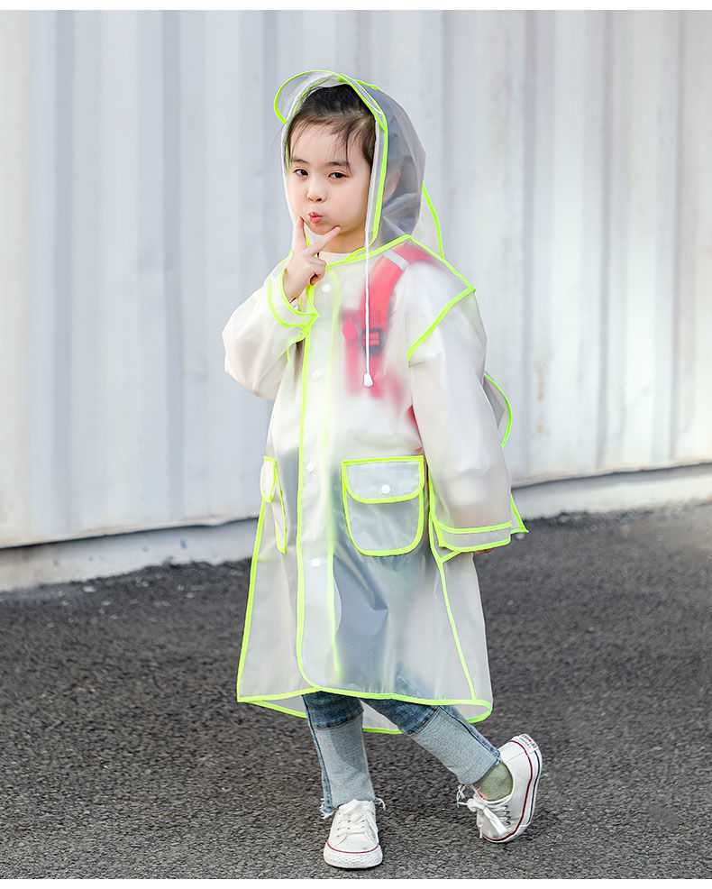 Kids rain poncho hood and snap detail
