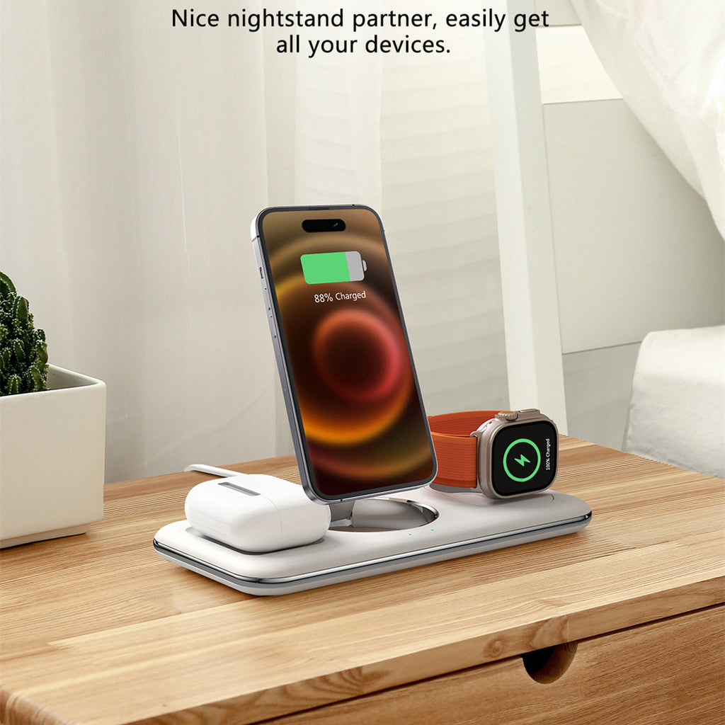 3-in-1 wireless charging stand on a bedside table