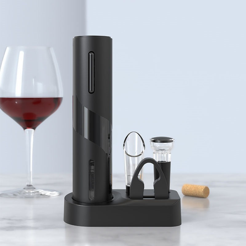 Electric wine opener set with foil cutter, pourer and stopper