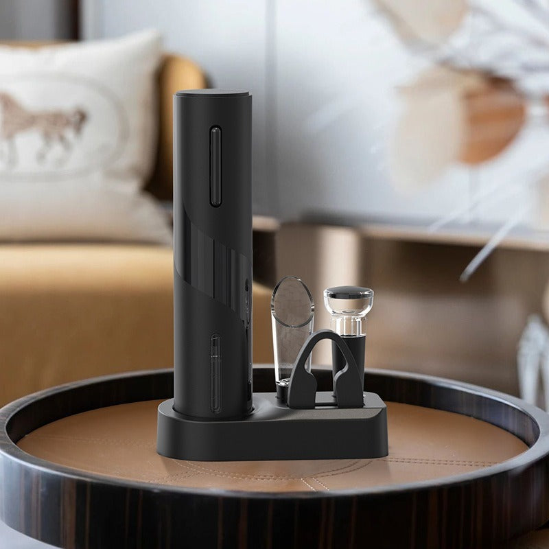 Electric corkscrew removing a cork from a wine bottle