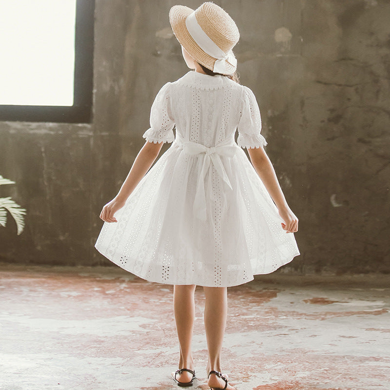 Girls' White Cotton Dress with Peter Pan Collar - view 4
