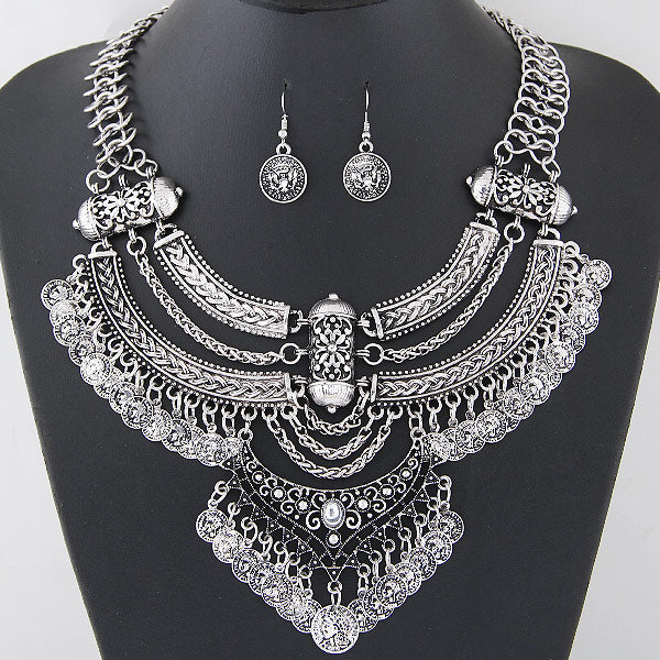 Oxidized coin necklace and earring set