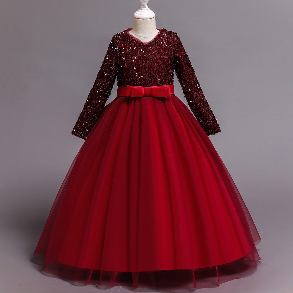 Wine red girls' sequin party dress