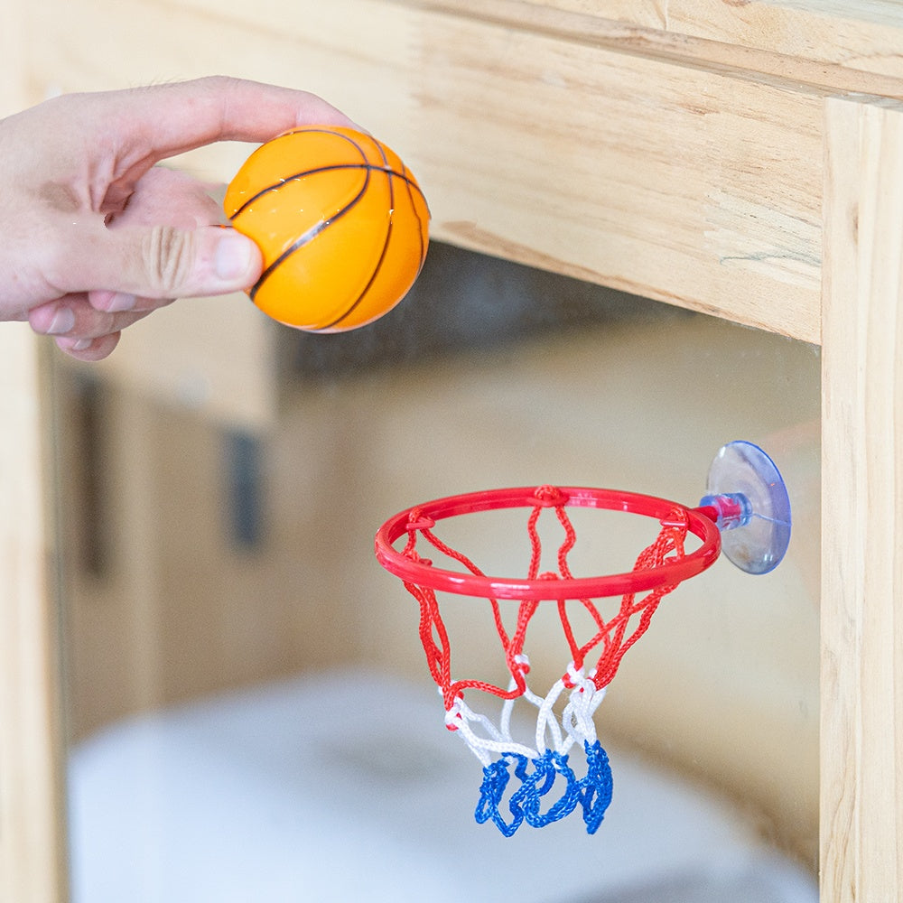 Mini red basketball hoop with suction cup and orange ball